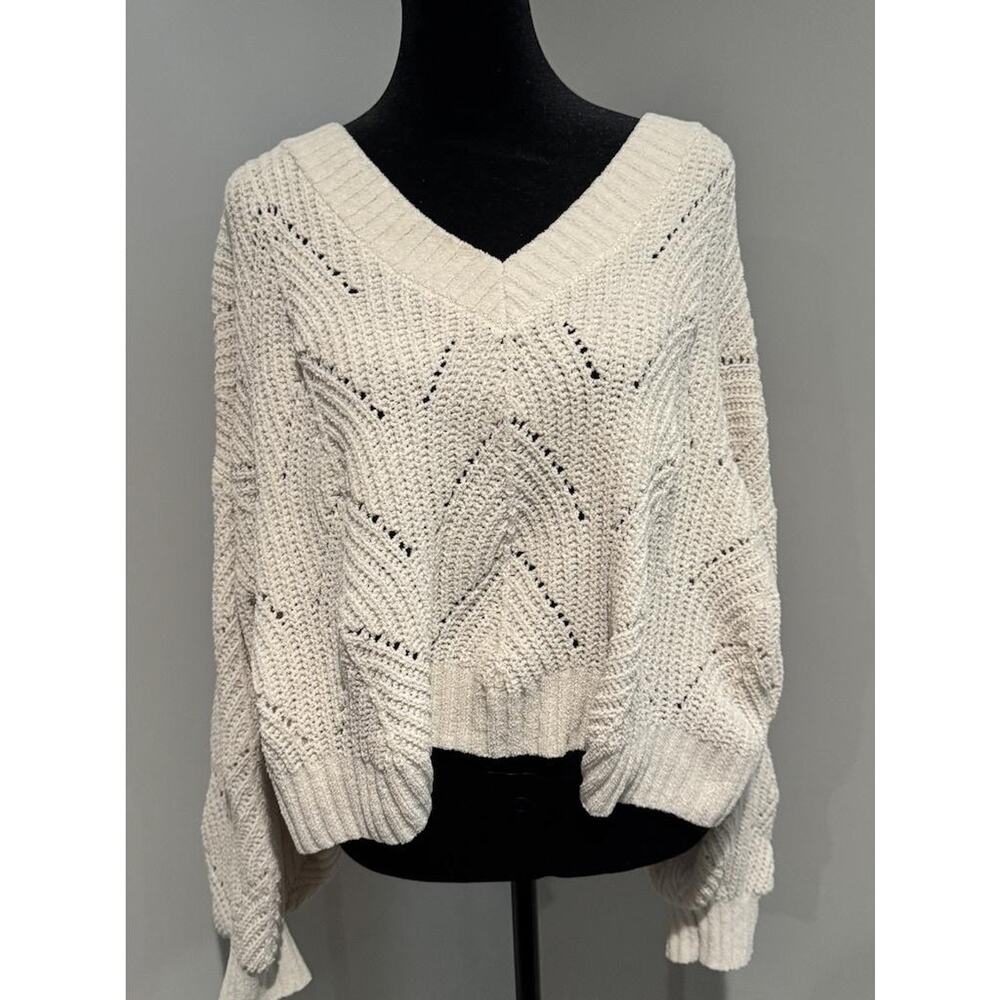 American Eagle Outfitters Sweater Womens Large White Open Knit V Neck Dolman - Picture 1 of 8